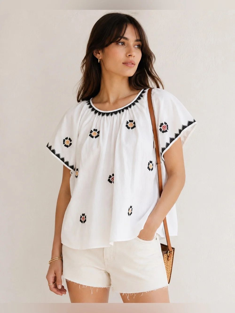 Madewell Embroidered Flutter Sleeve Peasant Blouse White Cotton XS Boho
